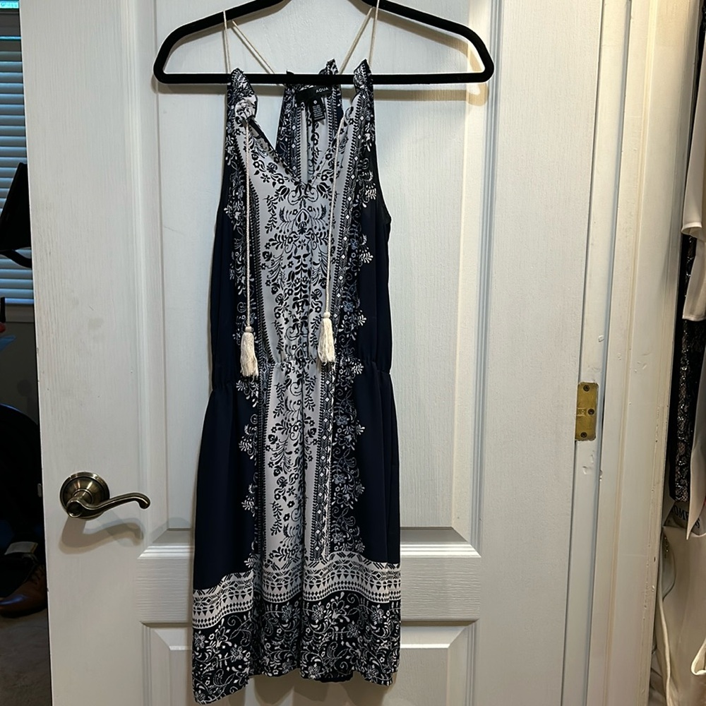 Aqua navy and white summer dress with rope straps, size small